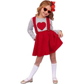 Toddler Baby Girls Valentine's Day Outfits Long Sleeve Dot Heart Shirt Top Red Suspender Skirt Clothes Set(Pink, 6-7T(130)） in Saudi Arabia