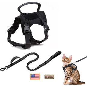 حزام تكتيكي عسكري للقطط للمشي ومقاوم للهروب، حزام جر للحيوانات الأليفة قابل للتعديل، حبل جر سهل التحكم للقطط الكبيرة والكلاب الصغيرة (أسود) in Kuwait
