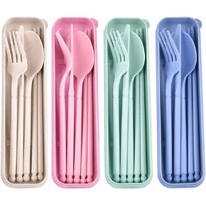 Camping Utensil Set, Reusable Utensils Set with Case, Plastic Cutlery Set Forks Spoon Tableware Chopsticks, Portable Cutlery Set for Travel Picnic Camping or Daily Use (Dark Blue)