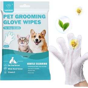 Vannon Extra Thick Pet Bathing Wipes for Dogs & Cats, Cleaning & Deodorizing Grooming Gloves, Nourish Fur Glove Wipes for Daily Care and Traveling, Rinse Free, Unscented, 6 PCS