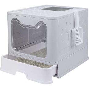 صندوق فضلات القطط من توكينكوكو مع غطاء، صندوق فضلات كبير قابل للطي مع غطاء، مخرج علوي كبير للمدخل الأمامي، صندوق فضلات كيتي مغلق من نوع الدرج، تحكم في الرائحة سهل التنظيف، سهل التنظيف بمغرفة فضلات القطط (رمادي) in Kuwait