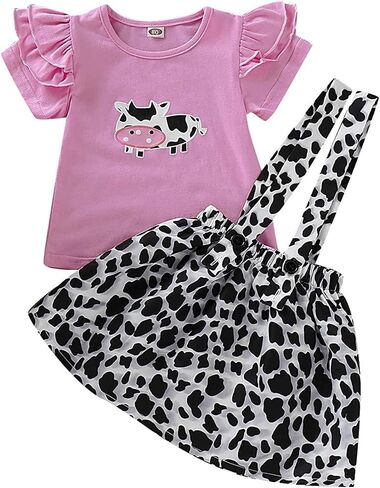 Toddler Baby Girl Ruffled Fly Sleeve Cow Top Shirts + Leopard Suspender Skirts Overall Dress Clothes in Saudi Arabia