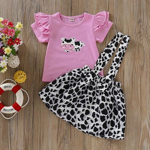 Toddler Baby Girl Ruffled Fly Sleeve Cow Top Shirts + Leopard Suspender Skirts Overall Dress Clothes in Saudi Arabia