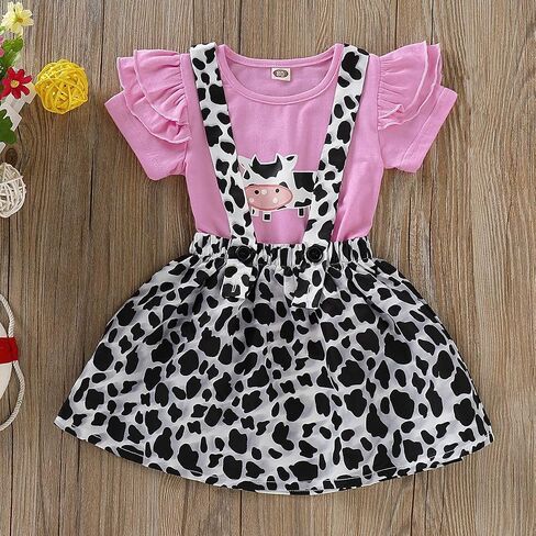 Toddler Baby Girl Ruffled Fly Sleeve Cow Top Shirts + Leopard Suspender Skirts Overall Dress Clothes in Saudi Arabia