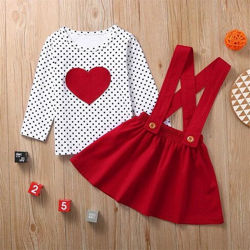 Toddler Baby Girls Valentine's Day Outfits Long Sleeve Dot Heart Shirt Top Red Suspender Skirt Clothes Set(Pink, 6-7T(130)） in Saudi Arabia