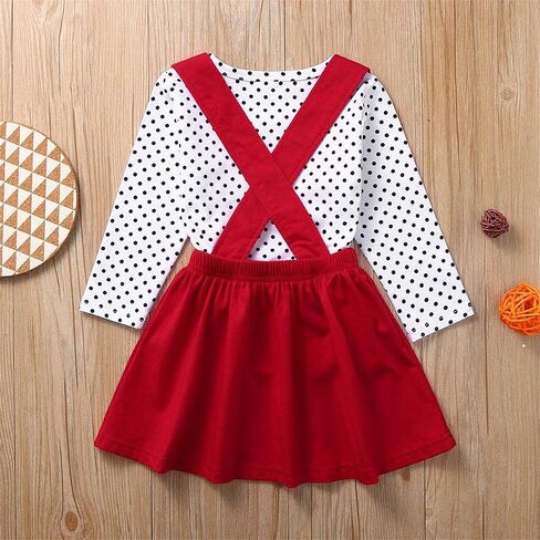Toddler Baby Girls Valentine's Day Outfits Long Sleeve Dot Heart Shirt Top Red Suspender Skirt Clothes Set(Pink, 6-7T(130)） in Saudi Arabia