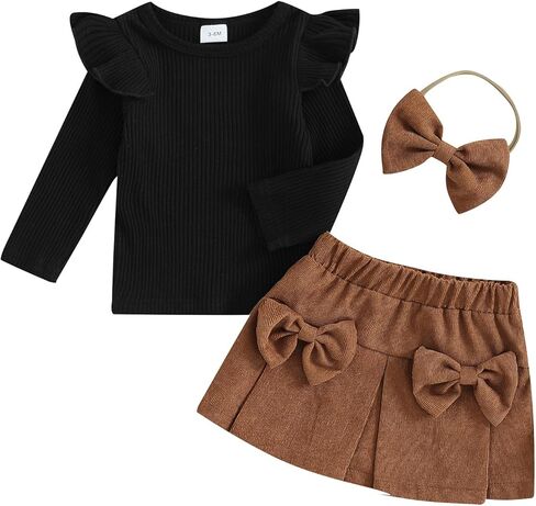 Lucikamy Toddler Baby Girl Outfits Fall Winter Clothes Turtleneck Long Sleeve Knit T-Shirt Tops + Plaid Mini Skirts Set in Kuwait