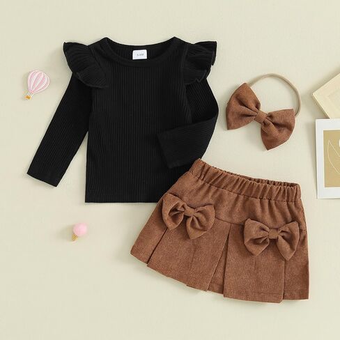 Lucikamy Toddler Baby Girl Outfits Fall Winter Clothes Turtleneck Long Sleeve Knit T-Shirt Tops + Plaid Mini Skirts Set in Kuwait