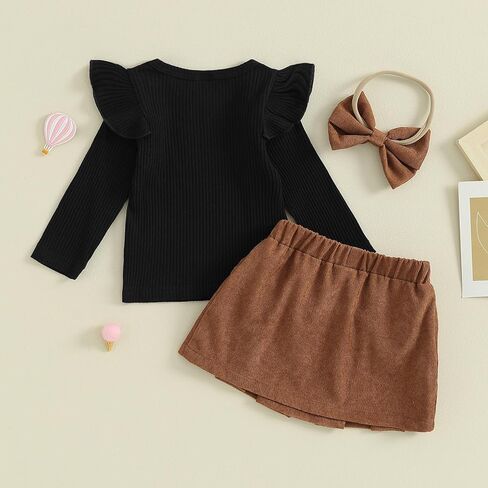 Lucikamy Toddler Baby Girl Outfits Fall Winter Clothes Turtleneck Long Sleeve Knit T-Shirt Tops + Plaid Mini Skirts Set in Kuwait