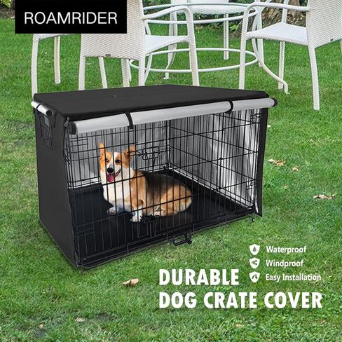 غطاء قفص الكلاب من RoamRider، غطاء بيت الكلب من البوليستر، غطاء بيت الحيوانات الأليفة المقاوم للماء يناسب معظم صناديق الكلاب مقاس 48 بوصة للأماكن الداخلية والخارجية (الغطاء فقط) in Kuwait