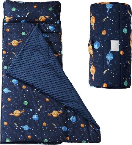 PHF Toddler Nap Mat with Removable Pillow and Minky Blanket, Rollup Design Kids Sleeping Mat, Slumber Bags for Boys, 55"x23" Toddler Sleeping Bag for Daycare Preschool Travel Camping, Space in Saudi Arabia
