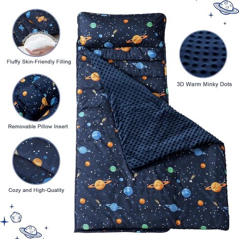 PHF Toddler Nap Mat with Removable Pillow and Minky Blanket, Rollup Design Kids Sleeping Mat, Slumber Bags for Boys, 55"x23" Toddler Sleeping Bag for Daycare Preschool Travel Camping, Space in Saudi Arabia