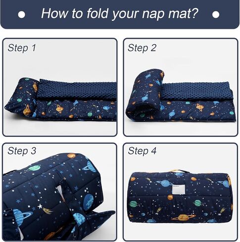 PHF Toddler Nap Mat with Removable Pillow and Minky Blanket, Rollup Design Kids Sleeping Mat, Slumber Bags for Boys, 55"x23" Toddler Sleeping Bag for Daycare Preschool Travel Camping, Space in Saudi Arabia