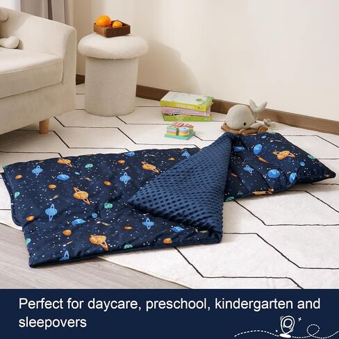 PHF Toddler Nap Mat with Removable Pillow and Minky Blanket, Rollup Design Kids Sleeping Mat, Slumber Bags for Boys, 55"x23" Toddler Sleeping Bag for Daycare Preschool Travel Camping, Space in Saudi Arabia