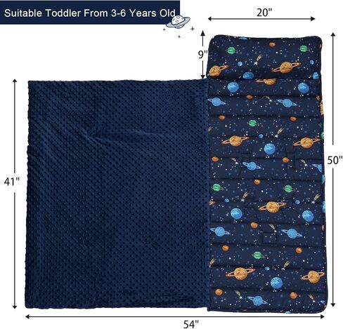 PHF Toddler Nap Mat with Removable Pillow and Minky Blanket, Rollup Design Kids Sleeping Mat, Slumber Bags for Boys, 55"x23" Toddler Sleeping Bag for Daycare Preschool Travel Camping, Space in Saudi Arabia