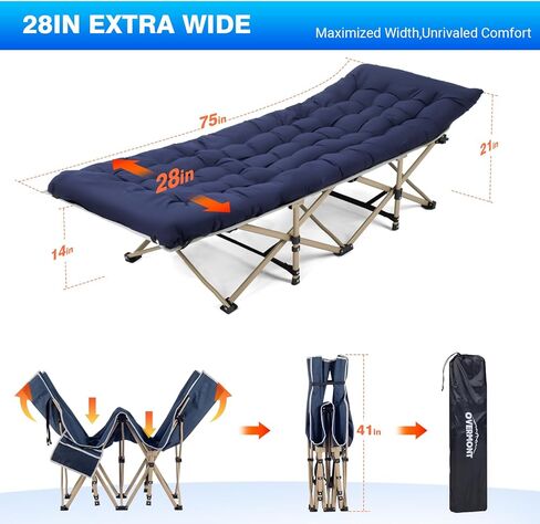 Overmont Folding Camping Cot with Mattress - 550LBS Support - Extra Wide 28in - Heavy Duty Sleeping Cots with Carry Bag - Upgrade 2400D Oxford Cloth Portable for Home, Office, Beach and Camping in Kuwait