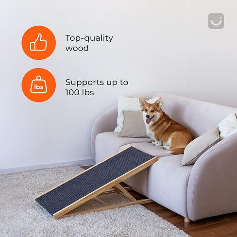 منحدر كلاب قابل للتعديل لسرير الكلاب الصغيرة - 4 مستويات ارتفاع من 13.2 انش الى 22 انش - منحدر خشبي قابل للطي للحيوانات الاليفة - مناسب للكلاب والقطط القديمة - منحدر للحيوانات الاليفة للسيارة والسرير in Kuwait