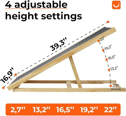 منحدر كلاب قابل للتعديل لسرير الكلاب الصغيرة - 4 مستويات ارتفاع من 13.2 انش الى 22 انش - منحدر خشبي قابل للطي للحيوانات الاليفة - مناسب للكلاب والقطط القديمة - منحدر للحيوانات الاليفة للسيارة والسرير in Kuwait