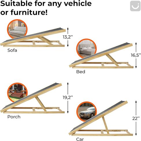 منحدر كلاب قابل للتعديل لسرير الكلاب الصغيرة - 4 مستويات ارتفاع من 13.2 انش الى 22 انش - منحدر خشبي قابل للطي للحيوانات الاليفة - مناسب للكلاب والقطط القديمة - منحدر للحيوانات الاليفة للسيارة والسرير in Kuwait