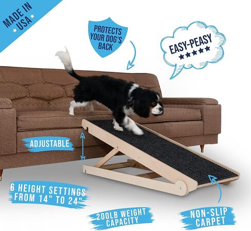 USA Made Adjustable Pet Ramp for All Dogs and Cats - for Couch or Bed with Paw Traction Mat - 40" Long and Adjustable from 14" to 24" - Rated for 200LBS - Great for Small and Older Animals in Saudi Arabia
