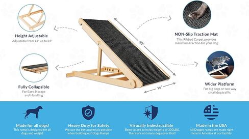 USA Made Adjustable Pet Ramp for All Dogs and Cats - for Couch or Bed with Paw Traction Mat - 40" Long and Adjustable from 14" to 24" - Rated for 200LBS - Great for Small and Older Animals in Saudi Arabia