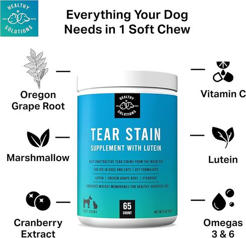 Tear Stain Remover for Dogs Plus Lutein - Supplement for White Dogs & All Other Dog Breeds - Eliminates Unsightly Eye Tear Stains for Dogs & Cats - 65 Soft Chews Enhanced with Cranberry Extract in Kuwait