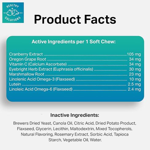 Tear Stain Remover for Dogs Plus Lutein - Supplement for White Dogs & All Other Dog Breeds - Eliminates Unsightly Eye Tear Stains for Dogs & Cats - 65 Soft Chews Enhanced with Cranberry Extract in Kuwait