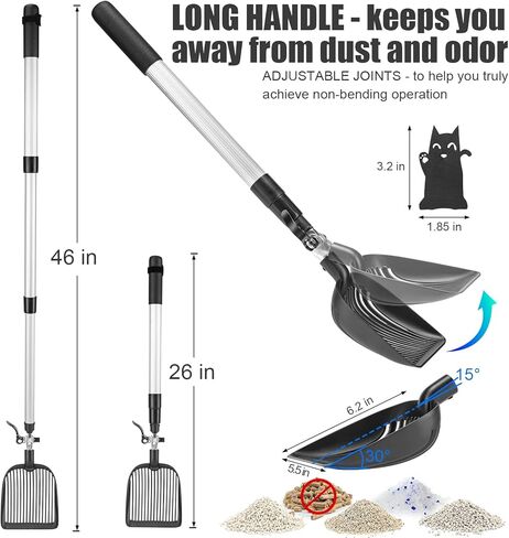 يانج باغا مجرفة فضلات القطط الاحدث بمقبض طويل مع مجرفة عميقة وقابلة للتعديل، مقبض طويل للغاية قابل للتمديد والتعديل من 26 انش الى 46 انش، غير لاصقة وغير قابلة للانحناء من الخلف شديدة التحمل in Kuwait