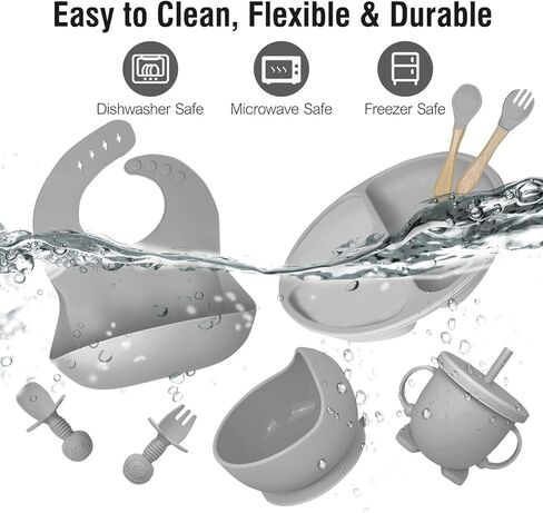 مجموعة تغذية الأطفال من Hoidokly، 8 قطع من لوازم الفطام المصنوعة من السيليكون للأطفال تتضمن كوبًا وطبقًا للأطفال ووعاء ومريلة قابلة للتعديل وكوب وملعقة وشوكة، ومجموعة أدوات فطام الأطفال خالية من مادة BPA لعمر 6 أشهر فما فوق - باللون الأبيض in Kuwait