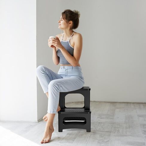 انكل وو مقعد قابل للطي للبالغين - ارتفاع قابل للتعديل، مانع للانزلاق، سعة 300 باوند - مسند درج محمول قابل للطي للمطبخ والحمام وغرفة النوم والمكتب والسيارة الترفيهية - اسود in Kuwait