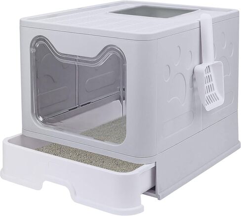 صندوق فضلات القطط من توكينكوكو مع غطاء، صندوق فضلات كبير قابل للطي مع غطاء، مخرج علوي كبير للمدخل الأمامي، صندوق فضلات كيتي مغلق من نوع الدرج، تحكم في الرائحة سهل التنظيف، سهل التنظيف بمغرفة فضلات القطط (رمادي) in Kuwait