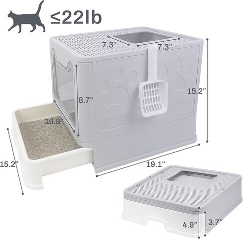 صندوق فضلات القطط من توكينكوكو مع غطاء، صندوق فضلات كبير قابل للطي مع غطاء، مخرج علوي كبير للمدخل الأمامي، صندوق فضلات كيتي مغلق من نوع الدرج، تحكم في الرائحة سهل التنظيف، سهل التنظيف بمغرفة فضلات القطط (رمادي) in Kuwait