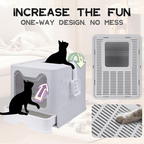 صندوق فضلات القطط من توكينكوكو مع غطاء، صندوق فضلات كبير قابل للطي مع غطاء، مخرج علوي كبير للمدخل الأمامي، صندوق فضلات كيتي مغلق من نوع الدرج، تحكم في الرائحة سهل التنظيف، سهل التنظيف بمغرفة فضلات القطط (رمادي) in Kuwait