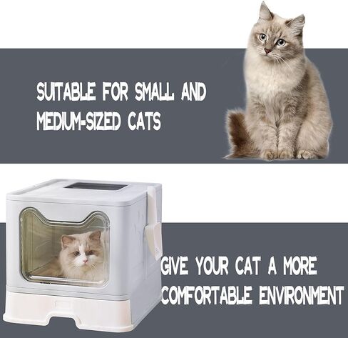 صندوق فضلات القطط من توكينكوكو مع غطاء، صندوق فضلات كبير قابل للطي مع غطاء، مخرج علوي كبير للمدخل الأمامي، صندوق فضلات كيتي مغلق من نوع الدرج، تحكم في الرائحة سهل التنظيف، سهل التنظيف بمغرفة فضلات القطط (رمادي) in Kuwait