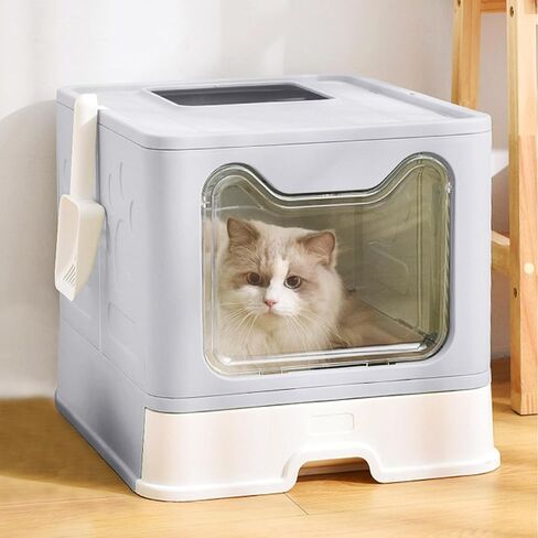 صندوق فضلات القطط من توكينكوكو مع غطاء، صندوق فضلات كبير قابل للطي مع غطاء، مخرج علوي كبير للمدخل الأمامي، صندوق فضلات كيتي مغلق من نوع الدرج، تحكم في الرائحة سهل التنظيف، سهل التنظيف بمغرفة فضلات القطط (رمادي) in Kuwait