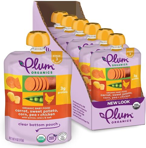بلوم أورجانيكس | المرحلة 3 | وجبات طعام عضوية للأطفال [+9 أشهر] | جزر، بطاطا حلوة، ذرة، بازلاء، دجاج | كيس بحجم 4 أونصة (عبوة مكونة من 12 قطعة) قد تختلف التعبئة in Kuwait