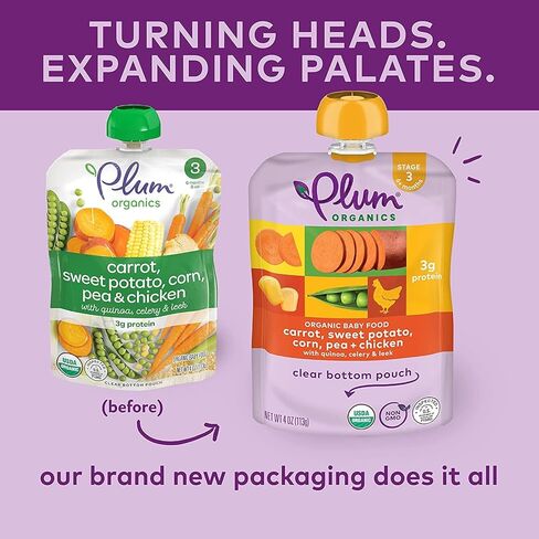 بلوم أورجانيكس | المرحلة 3 | وجبات طعام عضوية للأطفال [+9 أشهر] | جزر، بطاطا حلوة، ذرة، بازلاء، دجاج | كيس بحجم 4 أونصة (عبوة مكونة من 12 قطعة) قد تختلف التعبئة in Kuwait