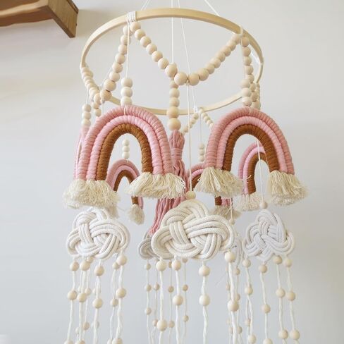 Boho Crib Mobile Rainbow Baby Mobile Boho Mobile لسرير الأطفال قوس قزح والسحاب المحمول مع خرزة خشبية وشرابات لديكور حضانة البنات in Kuwait