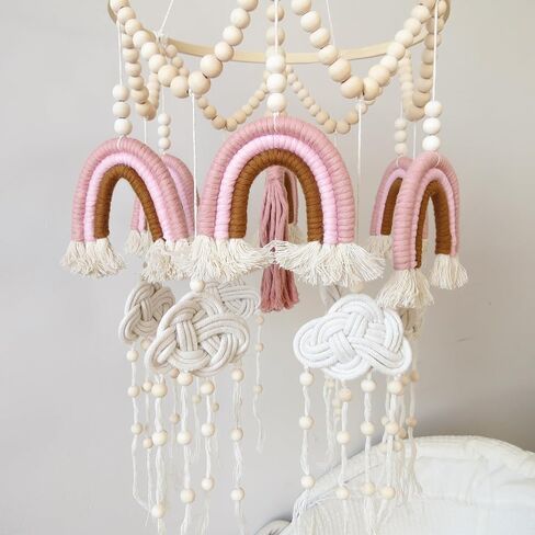 Boho Crib Mobile Rainbow Baby Mobile Boho Mobile لسرير الأطفال قوس قزح والسحاب المحمول مع خرزة خشبية وشرابات لديكور حضانة البنات in Kuwait