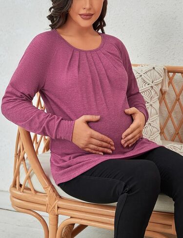 قمصان حمل نسائية من GINKANA بأكمام طويلة قمصان حمل ذات ثنيات أمامية راجلان فضفاضة تي شيرت للنساء الحوامل in Kuwait