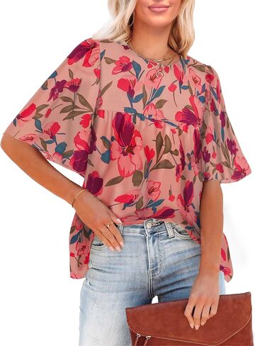 luvamia 2023 Blouses for Women Dressy Casual Floral Boho Babydoll Flowy Tops Summer Short Bell Sleeves Shirts in Saudi Arabia