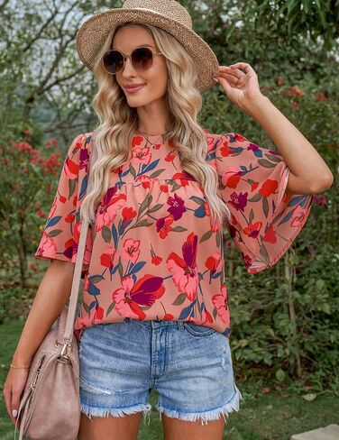 luvamia 2023 Blouses for Women Dressy Casual Floral Boho Babydoll Flowy Tops Summer Short Bell Sleeves Shirts in Saudi Arabia