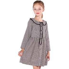 SOLOCOTE Girls Plaid Dress Cotton Casual Spring Long Sleeve Dresses Peter Pan Collar 3-14Y