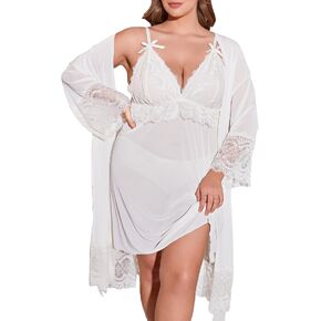 SOLY HUX Women's Plus Size Lace Mesh Deep V Neck Babydolls Chemise Nightgown with Belted Robe 2 Piece Sleepwear