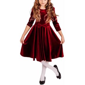 LuckyShe Flower Girl Dress Velvet 3/4 Sleeve Waist Bow Holiday Party Twirl Dresses with Pockets for Girls 4-12T