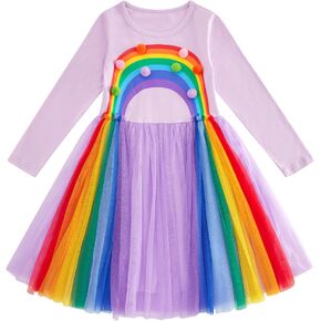 Little Girls Rainbow Dress Long Sleeve Girl Tulle Dresses Fall Winter Outfit 3-7 Years