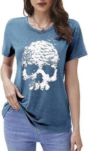 قمصان الجمجمة للنساء مضحك القوطية الجرافيك تانك القمم عادية كم قصير هالوين بلايز الجدة الرعب تي شيرت in Kuwait