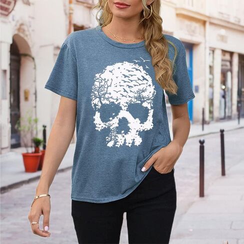 قمصان الجمجمة للنساء مضحك القوطية الجرافيك تانك القمم عادية كم قصير هالوين بلايز الجدة الرعب تي شيرت in Kuwait