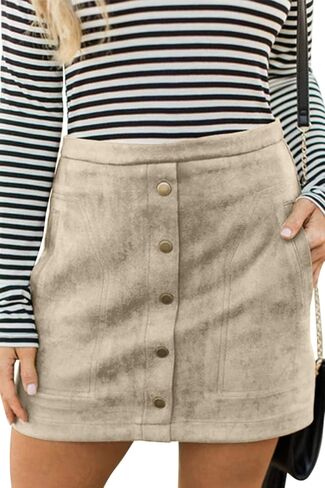 Meyeeka Women's Button Front Faux Suede High Waist A-line Mini Skirt with Pocket in Kuwait