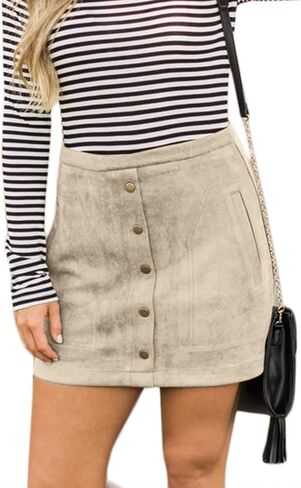 Meyeeka Women's Button Front Faux Suede High Waist A-line Mini Skirt with Pocket in Kuwait